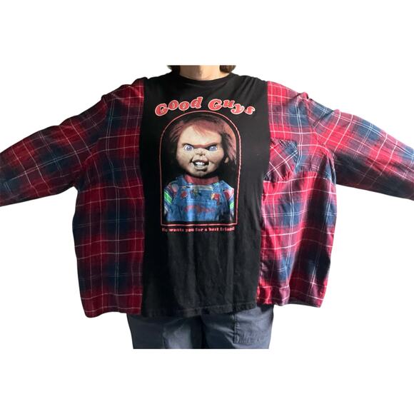 Chucky shirt, Flannel and tee reworked, Childs Play movie upcycle XL oversized - Picture 3 of 4